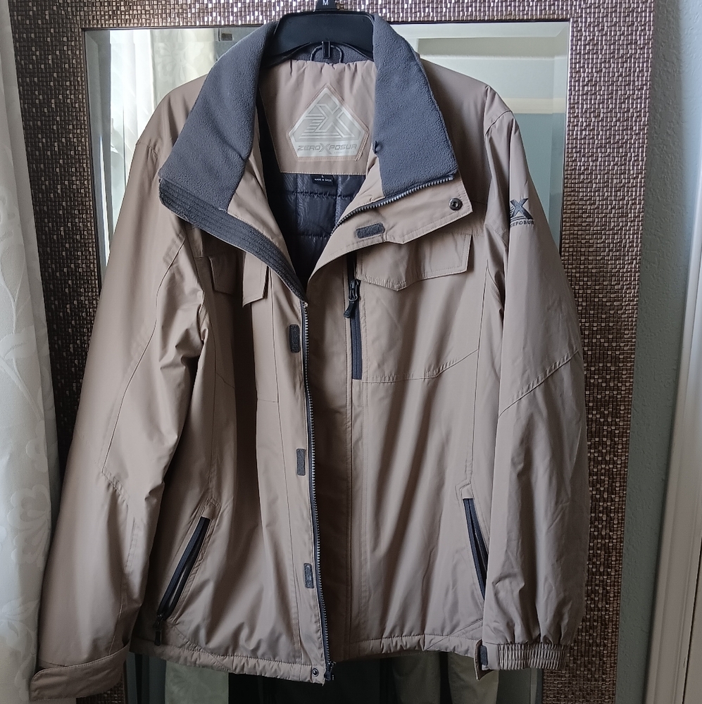 Mens light tan midweight warm jacket with removeable hood.